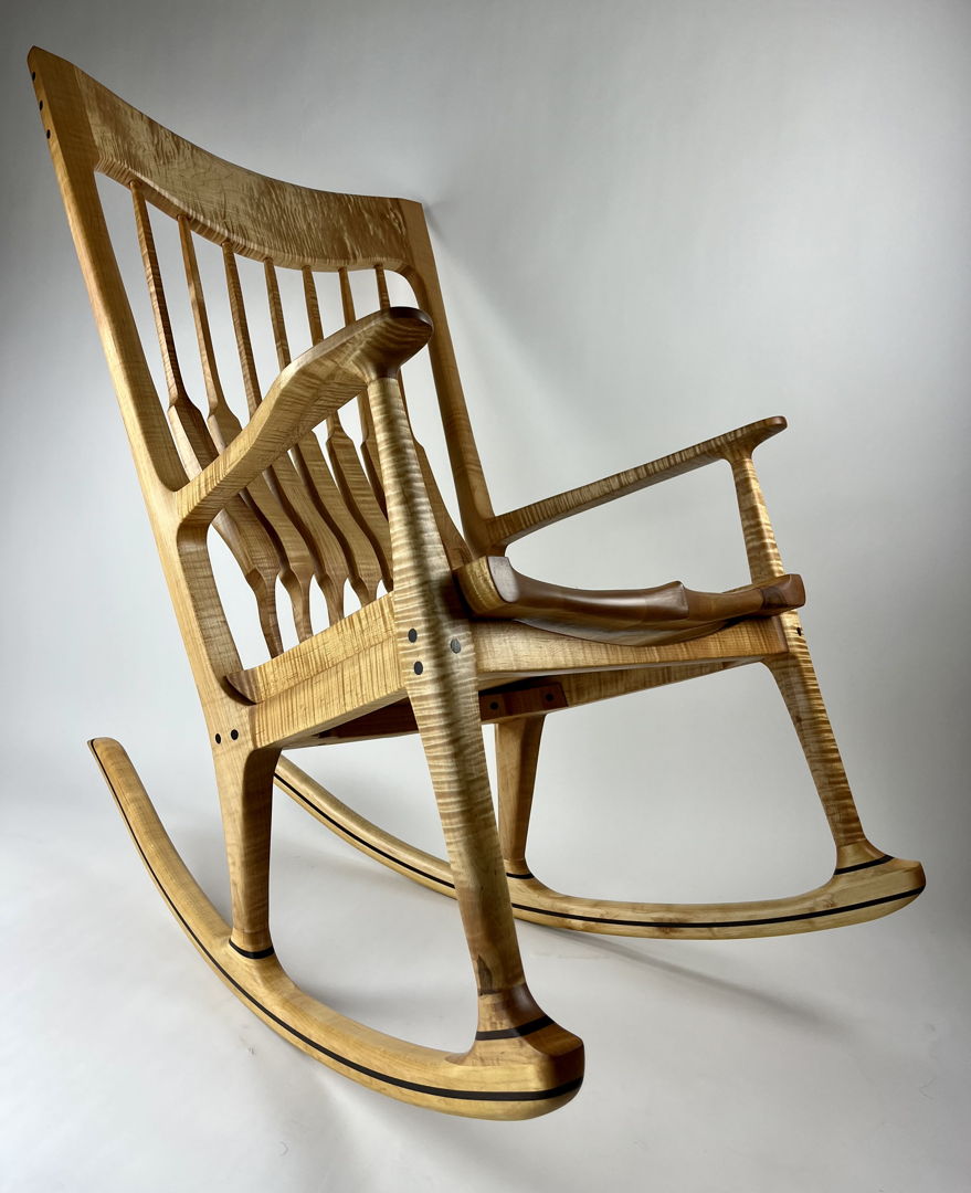 Sculpted Straight Back Rocking Chair in Fiddleback Maple with Wenge accents