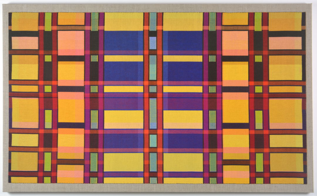 Handwoven of fine cotton thread. Finished cloth is hand sewn to a linen canvas stretched over a wooden frame to hang on the wall.