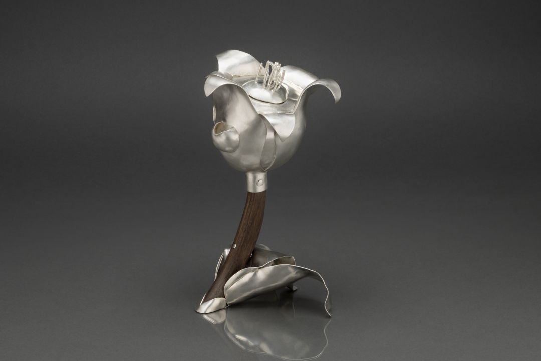 A fully function sterling silver teapot inspired by the form of a tulip. The piece was hand fabricated from flat sheets of silver. Each tulip pedal was hammered and curved to create the form. Fitting all of the pieces together was like building a 3D silver jigsaw puzzle. The handle is carved walnut.