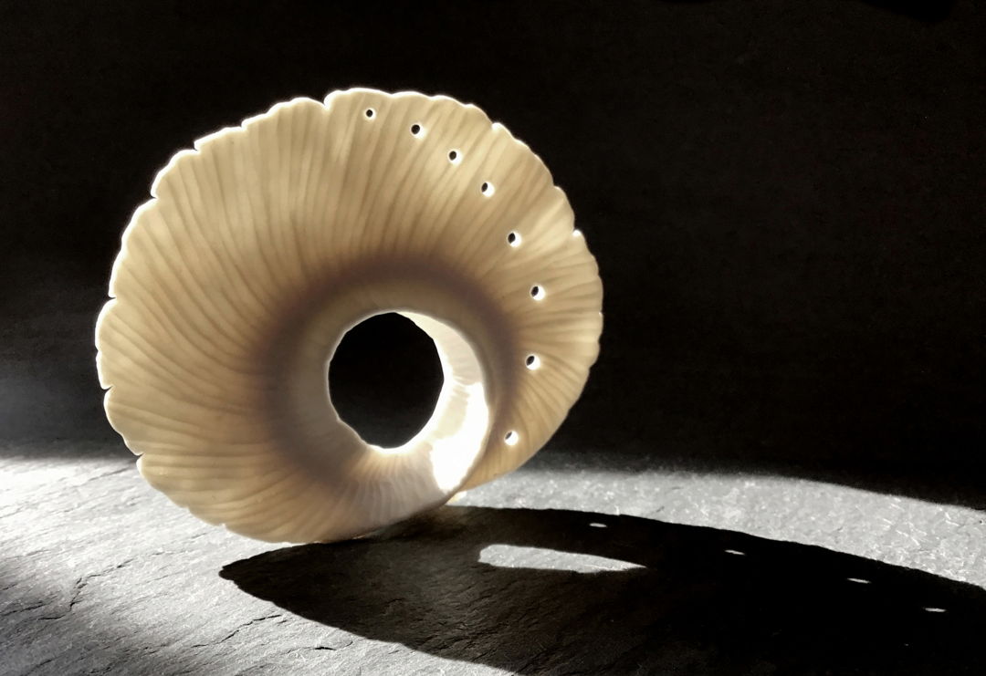 This high fired porcelain piece was created by pinching  carving  and handbuilding. It has an unglazed surface.