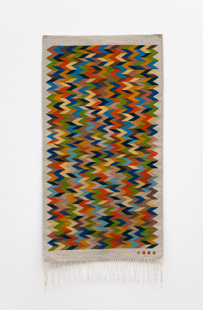 HAND WOVEN RUG/TAPESTRY ON A FOOT PEDAL LOOM  SHEEP WOOL AND COTTON WARP  VEGETABLE AND ANILINE DYES. Each piece is signed with four dots which represents the four generations of weavers  and also represents my family in the Pacific Northwest.