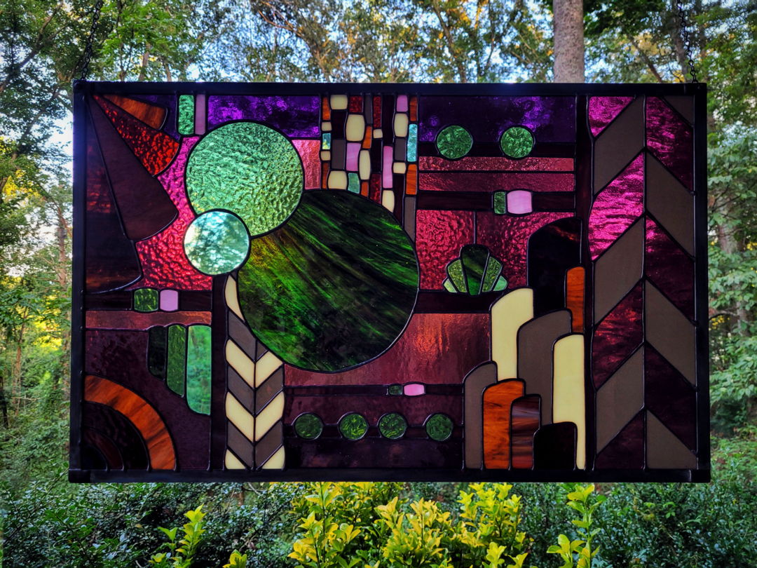 Handcrafted Art Deco abstract  raspberry bramble palette  traditional copper foil method  framed in zinc