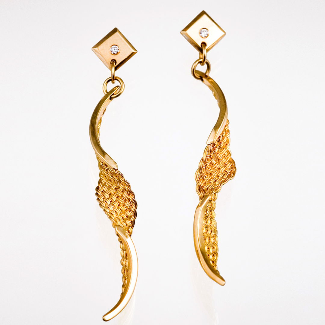 Earrings - hand woven  hand fabricated  18k yellow gold  diamonds