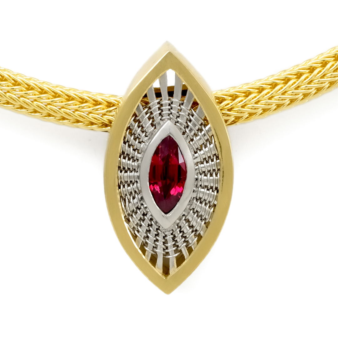 Necklace - hand fabricated &amp; hand woven in 18k gold with platinum weave and setting. Bezel set ruby.