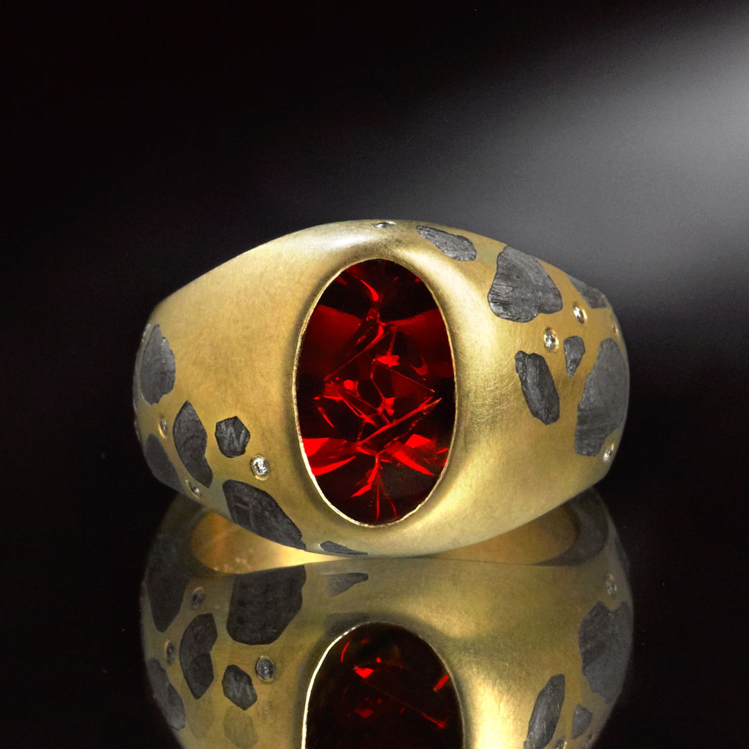 Signet Ring in 18k gold  with a 3.85ct Spessartite Garnet. Inlayed with a Gibeon Meteorite asteroid belt &amp; diamonds.