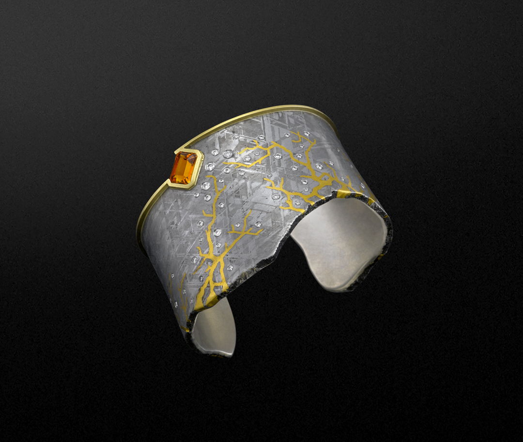 Cuff Bracelet in Gibeon Meteorite with 24k gold inlay  18k gold  sterling silver  (60) VS 1 ideal-cut RBC white diamonds (.79 tcw)  and a 3.12 ct emerald-cut very fine orange sapphire. Fabricated  forged  inlayed  and etched.