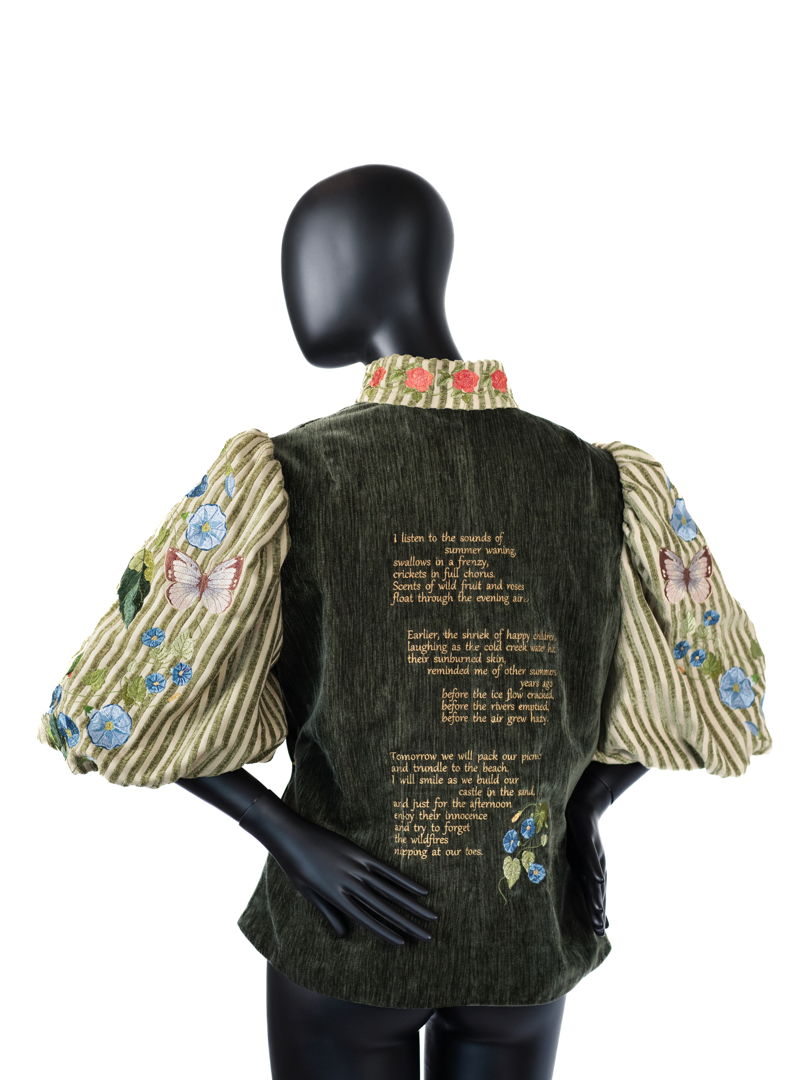 Jacket constructed with mill end and vintage fabrics. Custom embroidery and poem examines the emotional effects of global climate change.