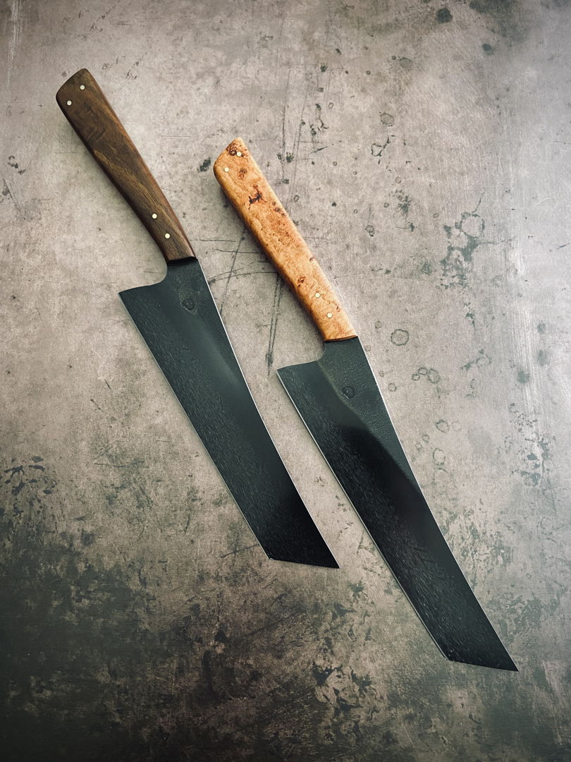 7" tanto tip nakiri vegetable knife. etched 52100 high carbon steel with stabilized wood scales and brass pins.