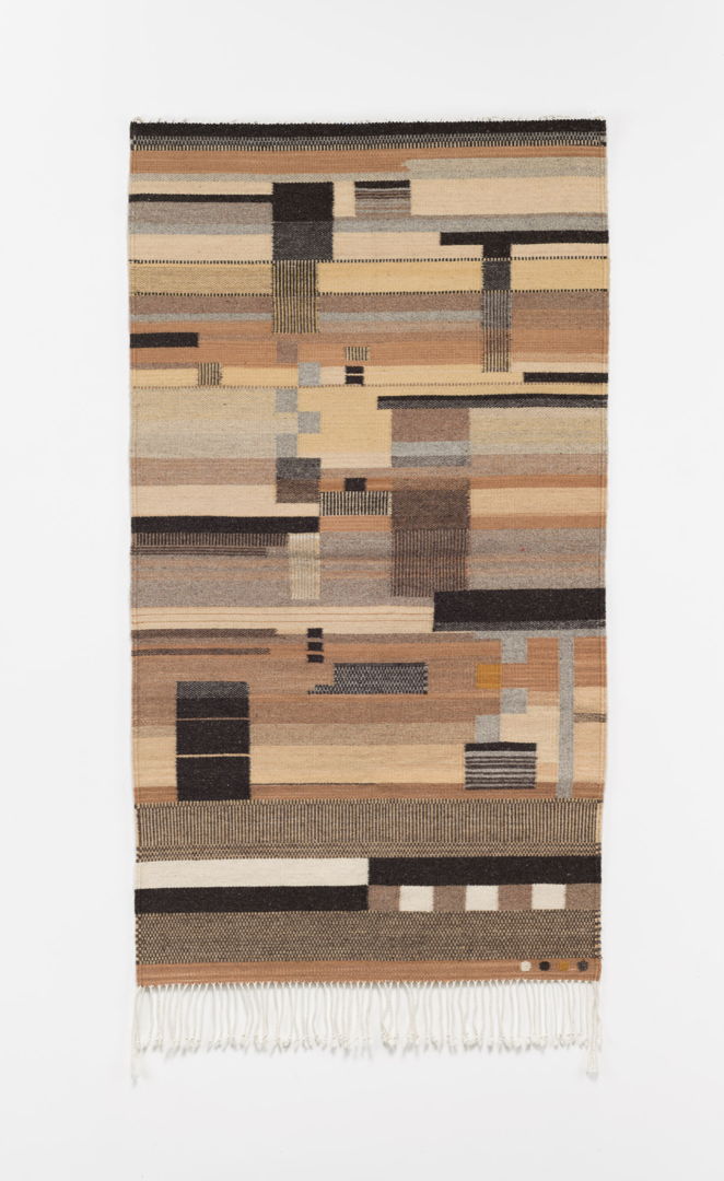 HANDWOVEN RUG SIGNED WITH FOUR DOTS.