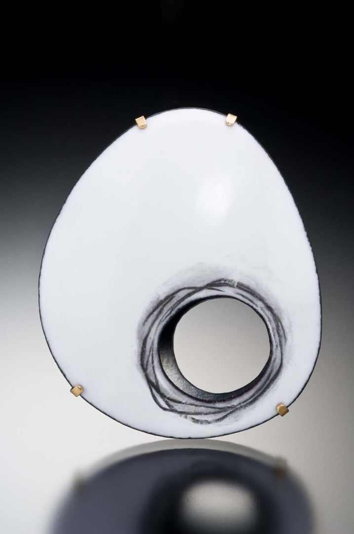 Vitreous enamel  enamel pencil  18K gold  copper  oxidized silver. Fabricated.