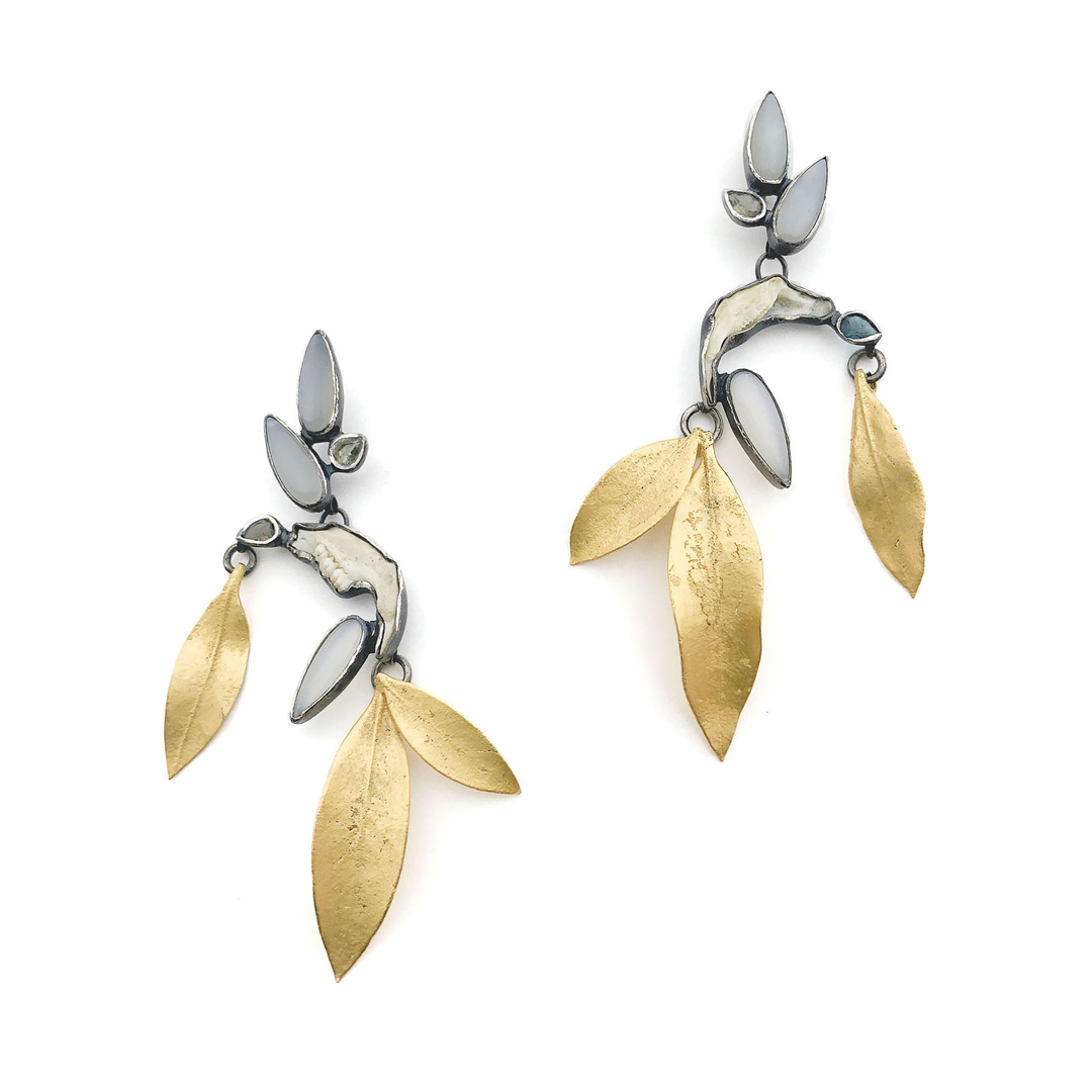 Moonstone  tourmaline  rodent mandibles  18k yellow gold over silver  silver  pieris. Lost wax cast and fabricated