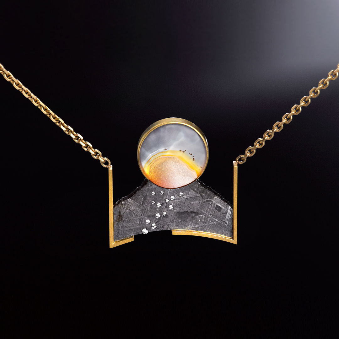 Perigee Agate Pendant with diamonds  Gibeon Meteorite  18k and 14k. Fabricated and etched.