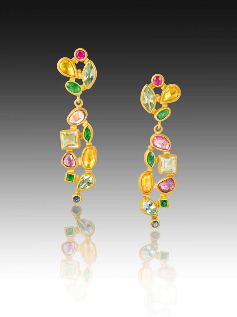 Mixed shape  cut and stones (8ct total: aquamarine  sapphire  emerald  beryl  ruby) set in mosaic style each in 22k gold bezels with 18k backings  spacers  jumprings  on post.