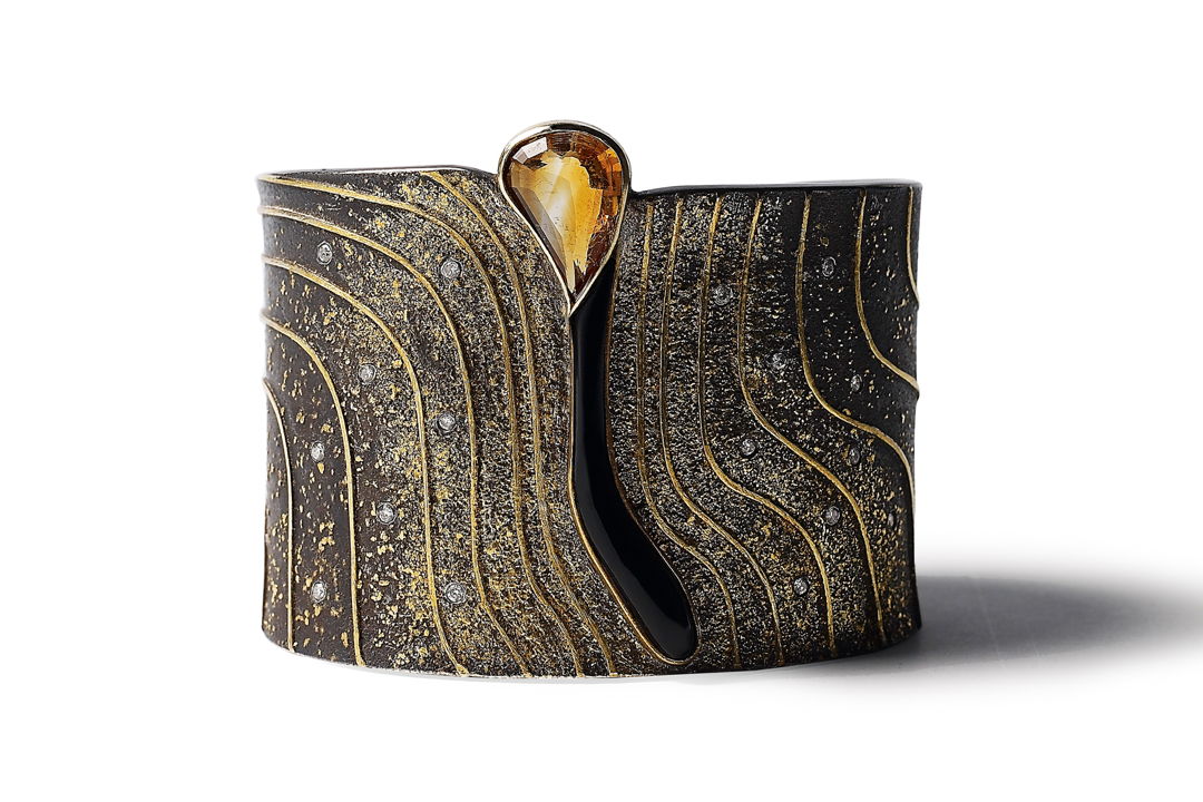 Citrine  Onyx  Diamonds  24k  22k gold fused on oxidized sterling silver  hand chased