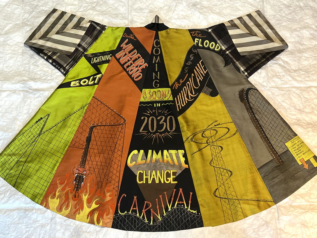 Hand painted on silk. Each panel tells a story  this modernized “kabuki kimono” must be viewed in the round to see its entirety. The price includes a $1000.00 donation to Union of Concerned Scientists.
