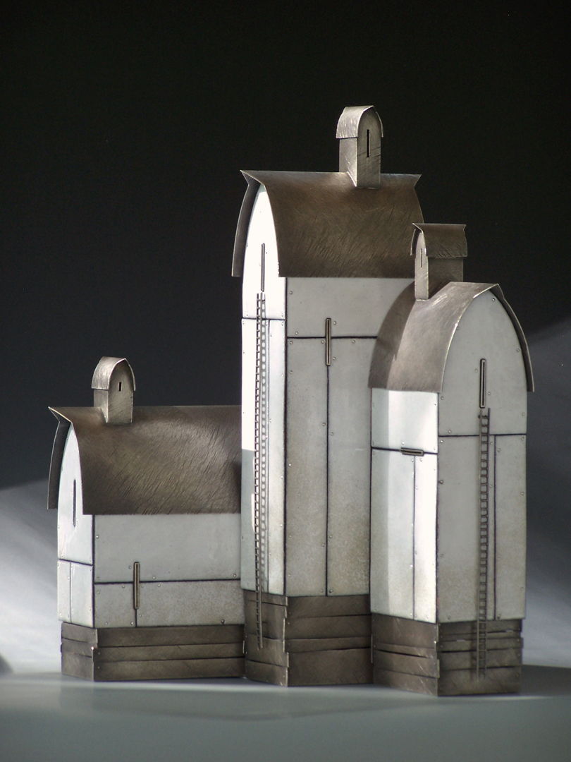 Fabricated object of sterling silver and traditional  kiln-fired glass enamel on copper. Interior skeleton of nickel silver. No casting  no production techniques. Old-school handwork.