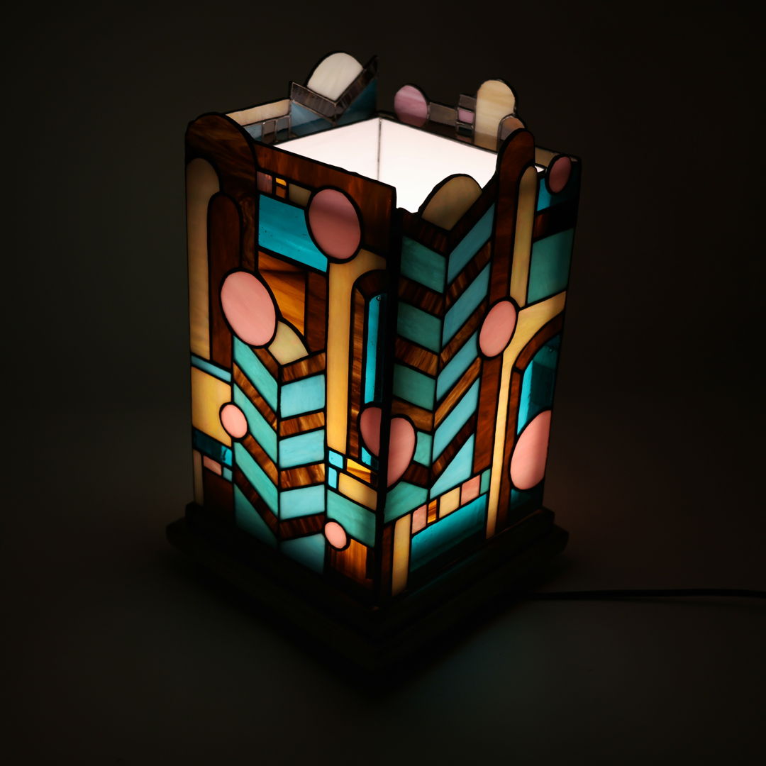 Handcrafted Art Deco four-sided lamp on wooden stand  traditional copper foil method