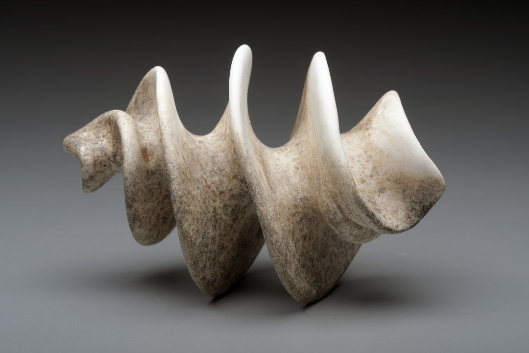 Porcelain corkscrew form with rough grimey exterior.