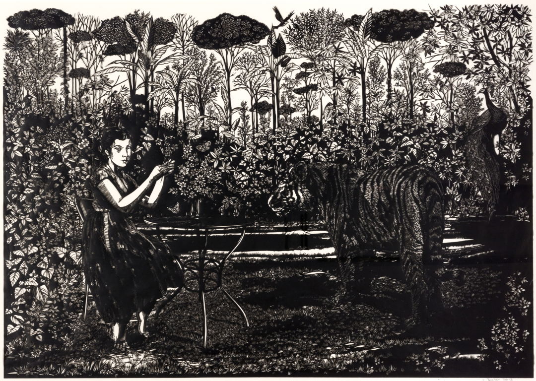 Single sheet of black paper cut with scissors mounted on matting board. A millefleur period inspired art piece  deliberately obscure and mysterious.