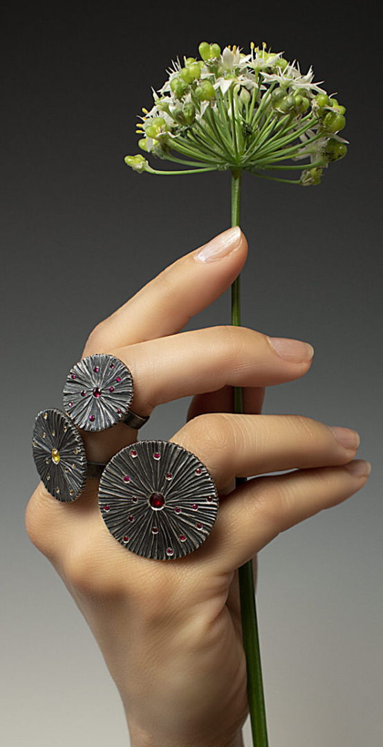 sterling silver oxidized textural shield rings with rubies and yellow sapphires