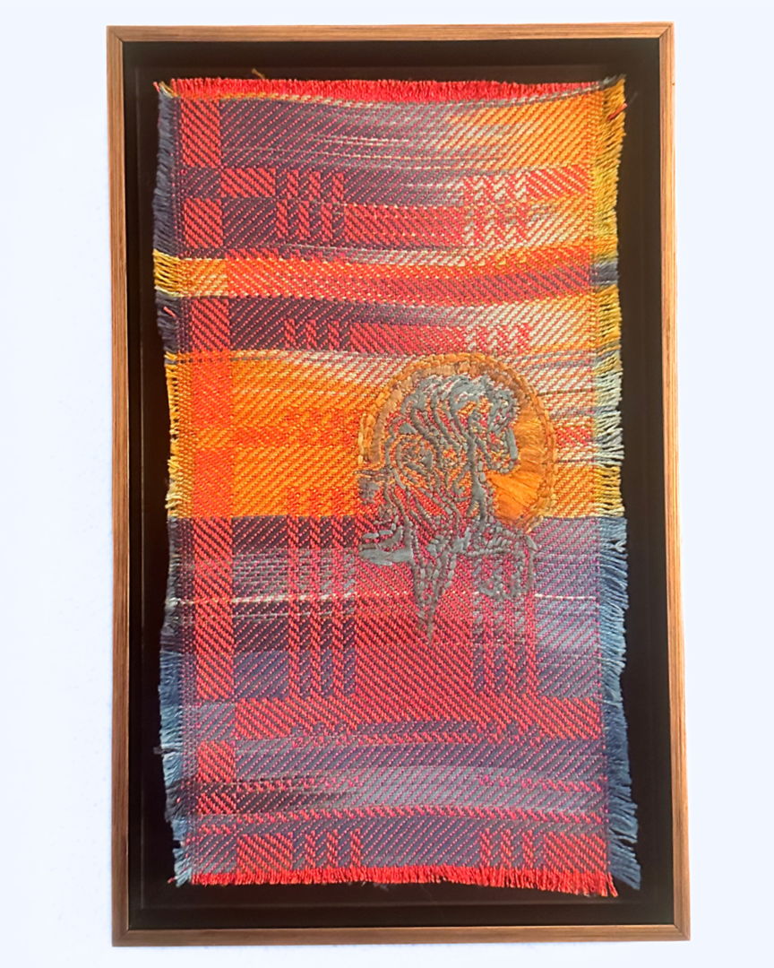 Hand dyed and hand woven fabric in original design. Hand embroider of horse.