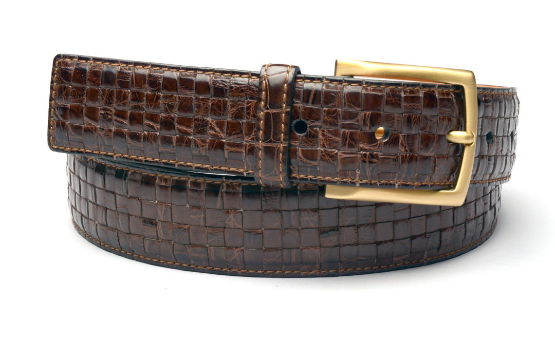 Garment-grade alligator skin handwoven belt with solid brass buckle