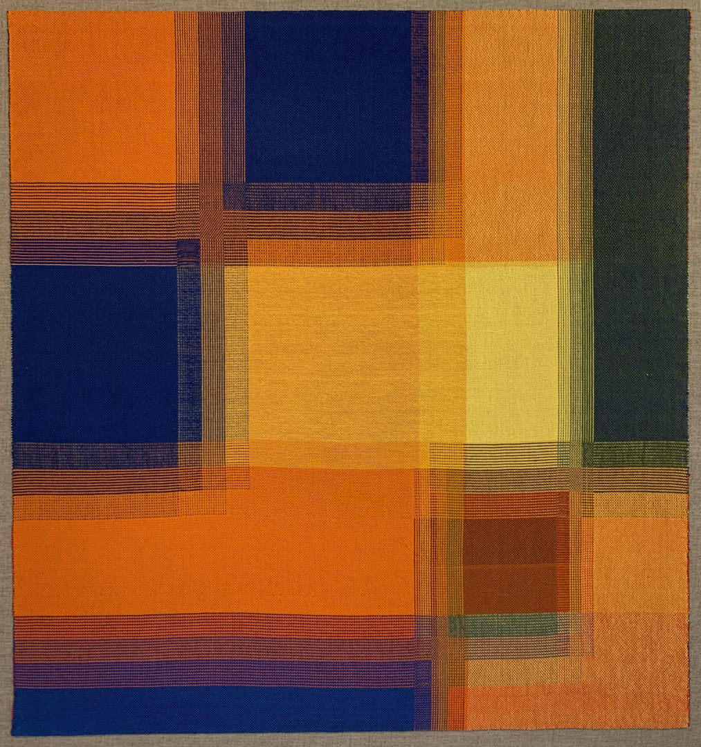 Handwoven with fine cotton thread using a complex layer transition effect in doubleweave. Finished piece is hand sewn to a stretched linen canvas to hang on the wall.