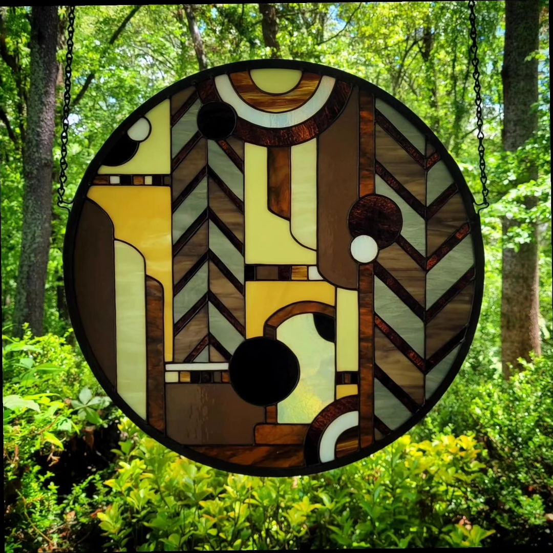 Handcrafted Art Deco abstract round  neutrals palette  traditional copper foil method  framed in zinc border