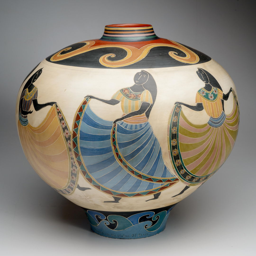 vase depicting women in dresses and waves