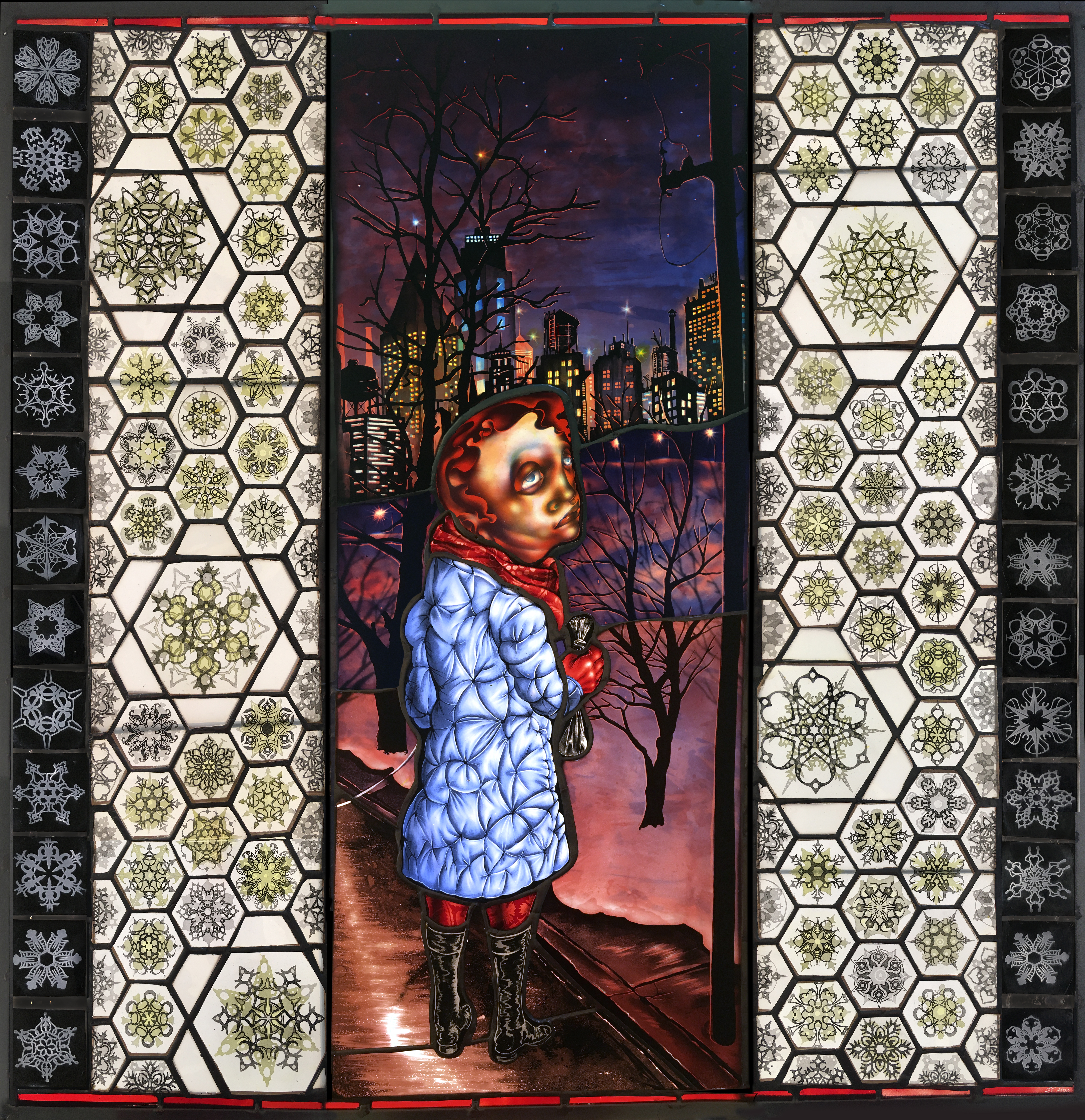 stain glass with snowflake motif and central figure