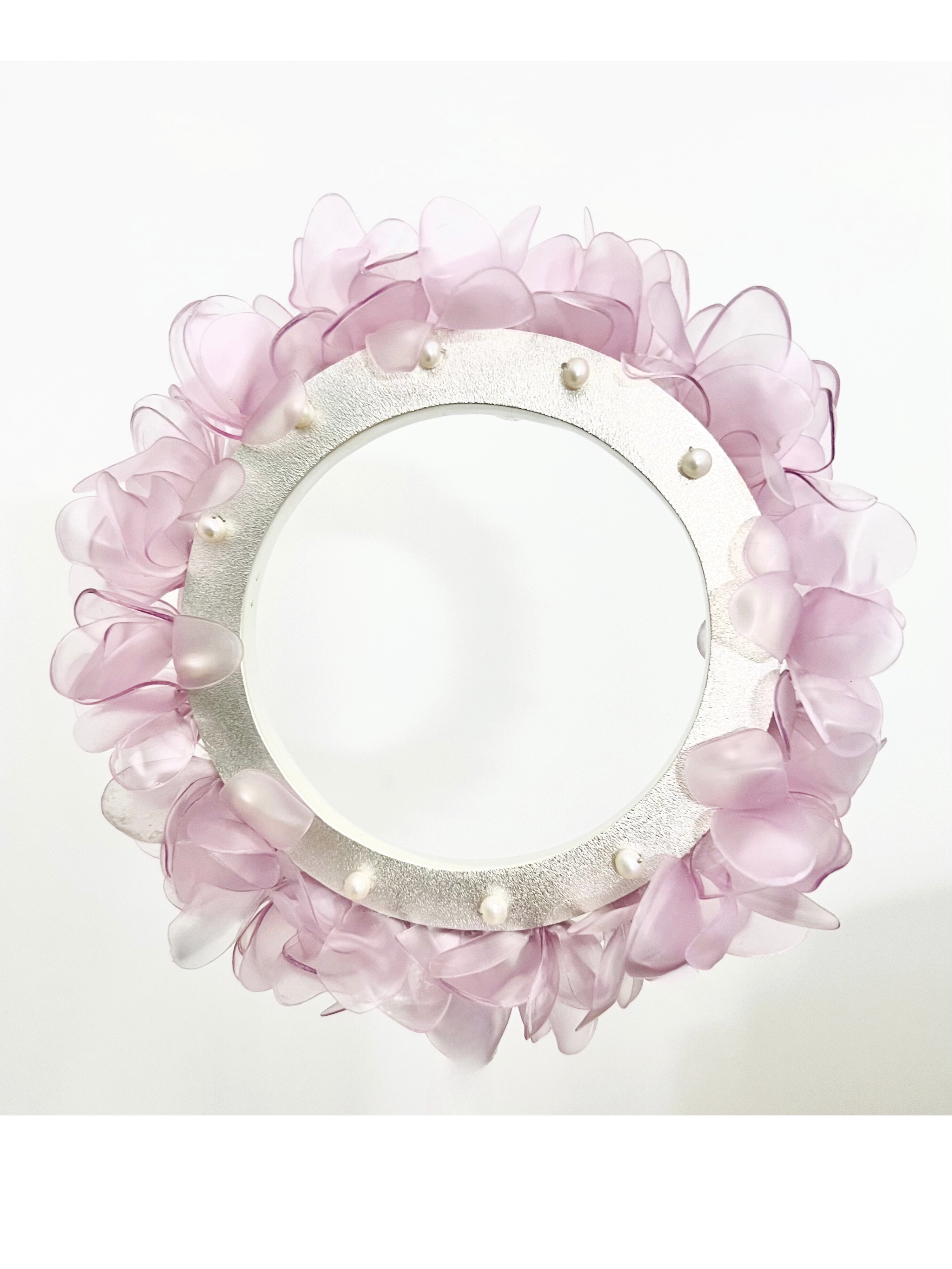 metal cuff bracelet with pink petal-like beads