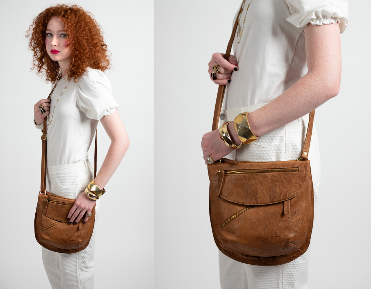 model with leather shoulder bag