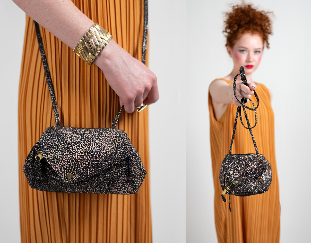 model holding leather bag