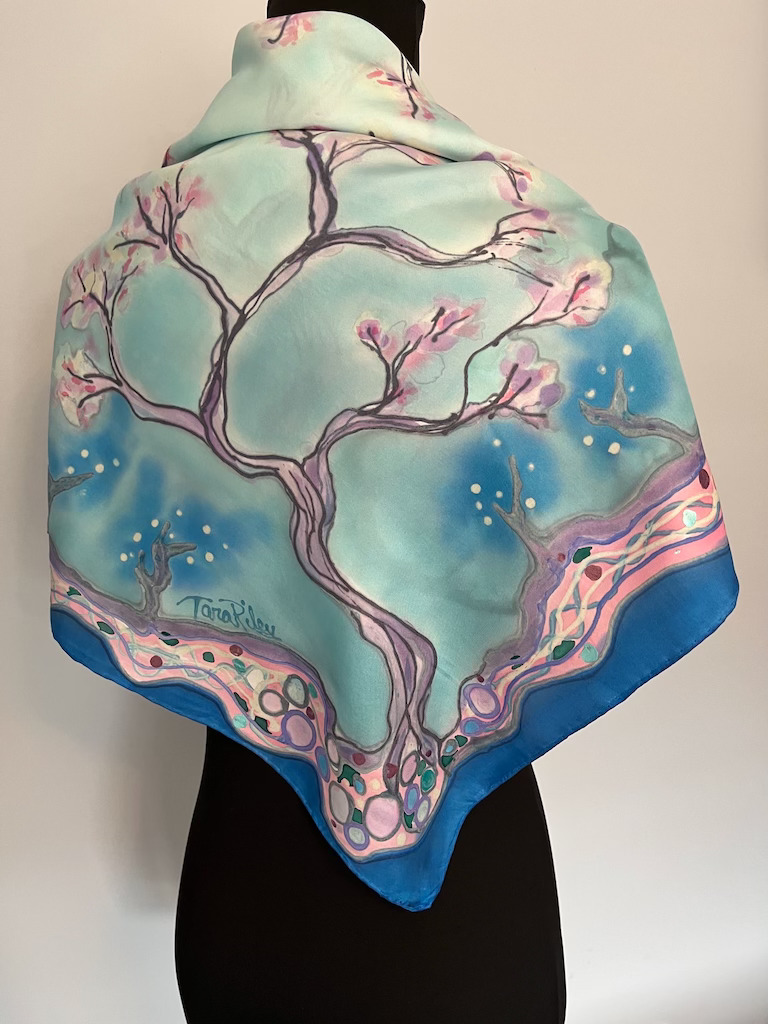 back of shawl with painterly cherry tree