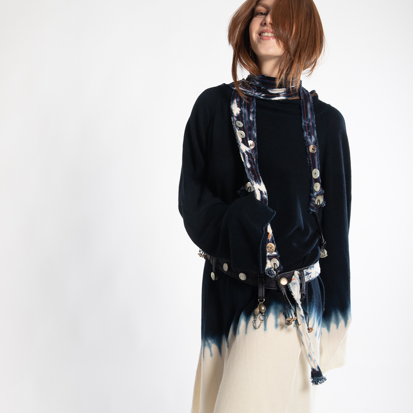 long sleeved dress with thin scarf