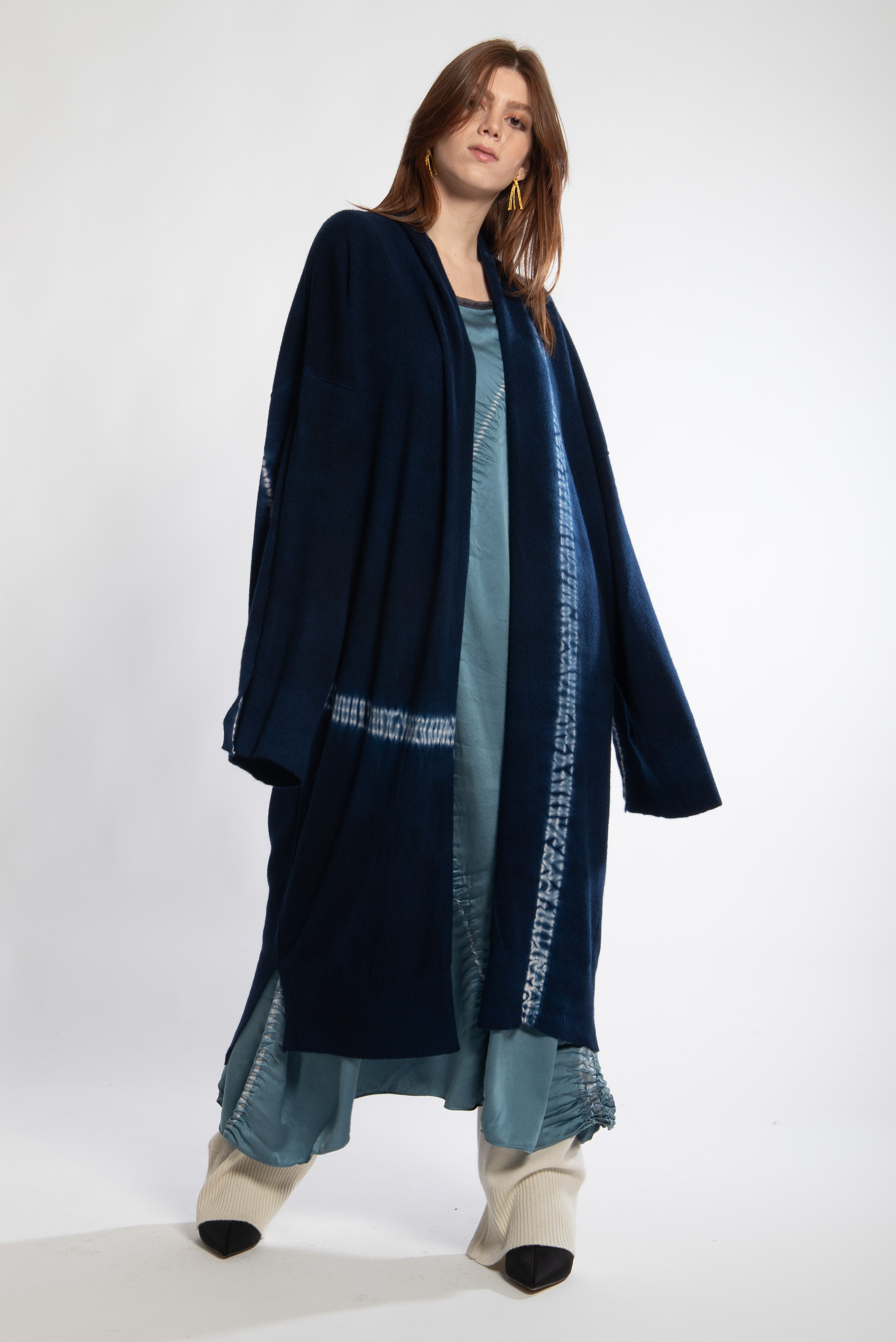 long layered outfit with blue robe