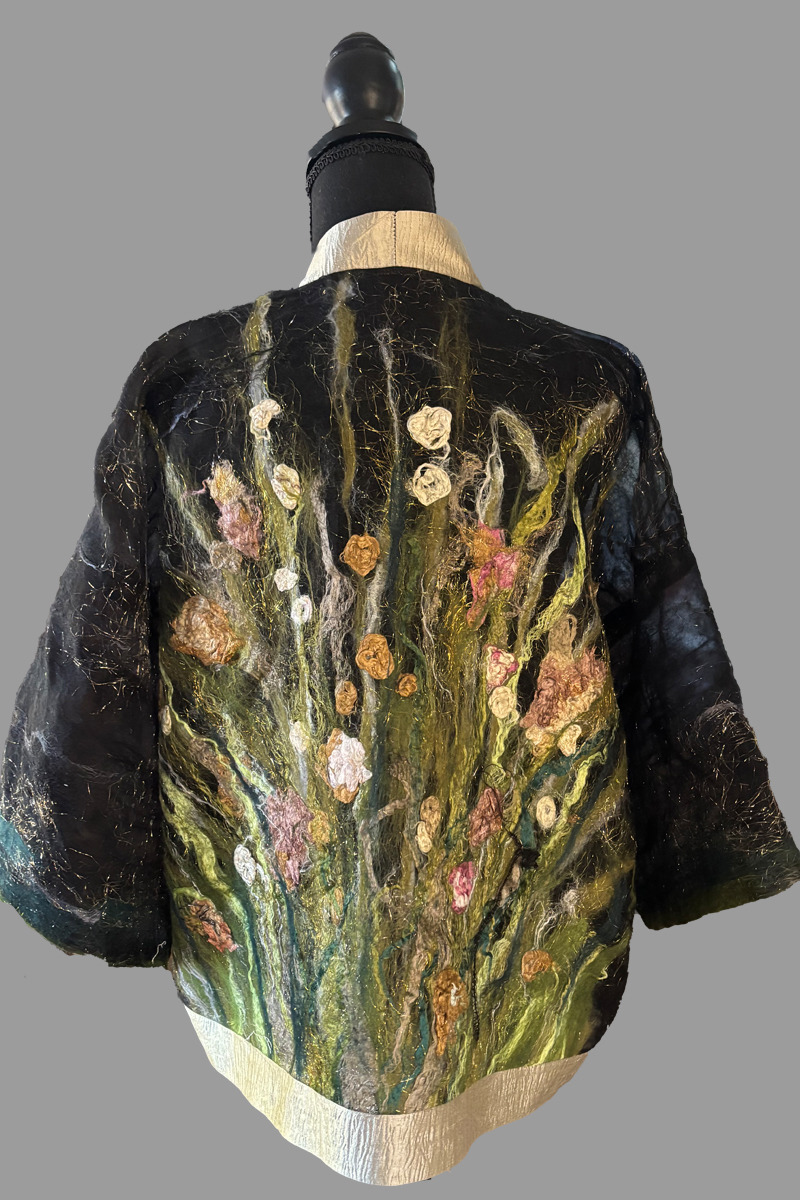 back of a jacket with boquet of flowers