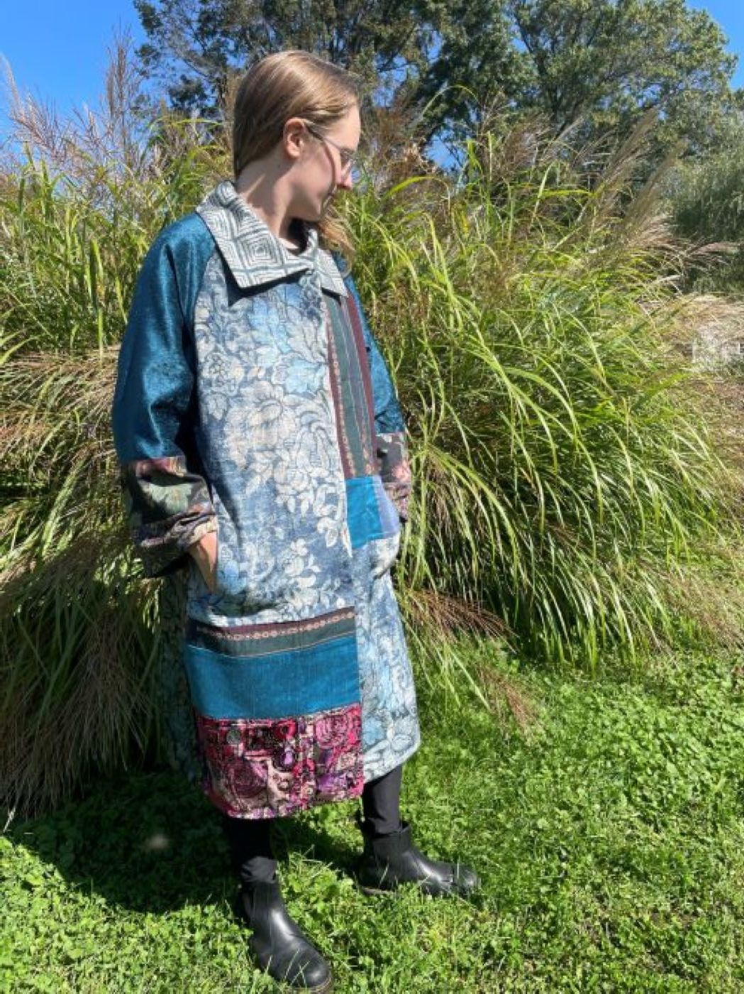 long jacket with many different fabrics