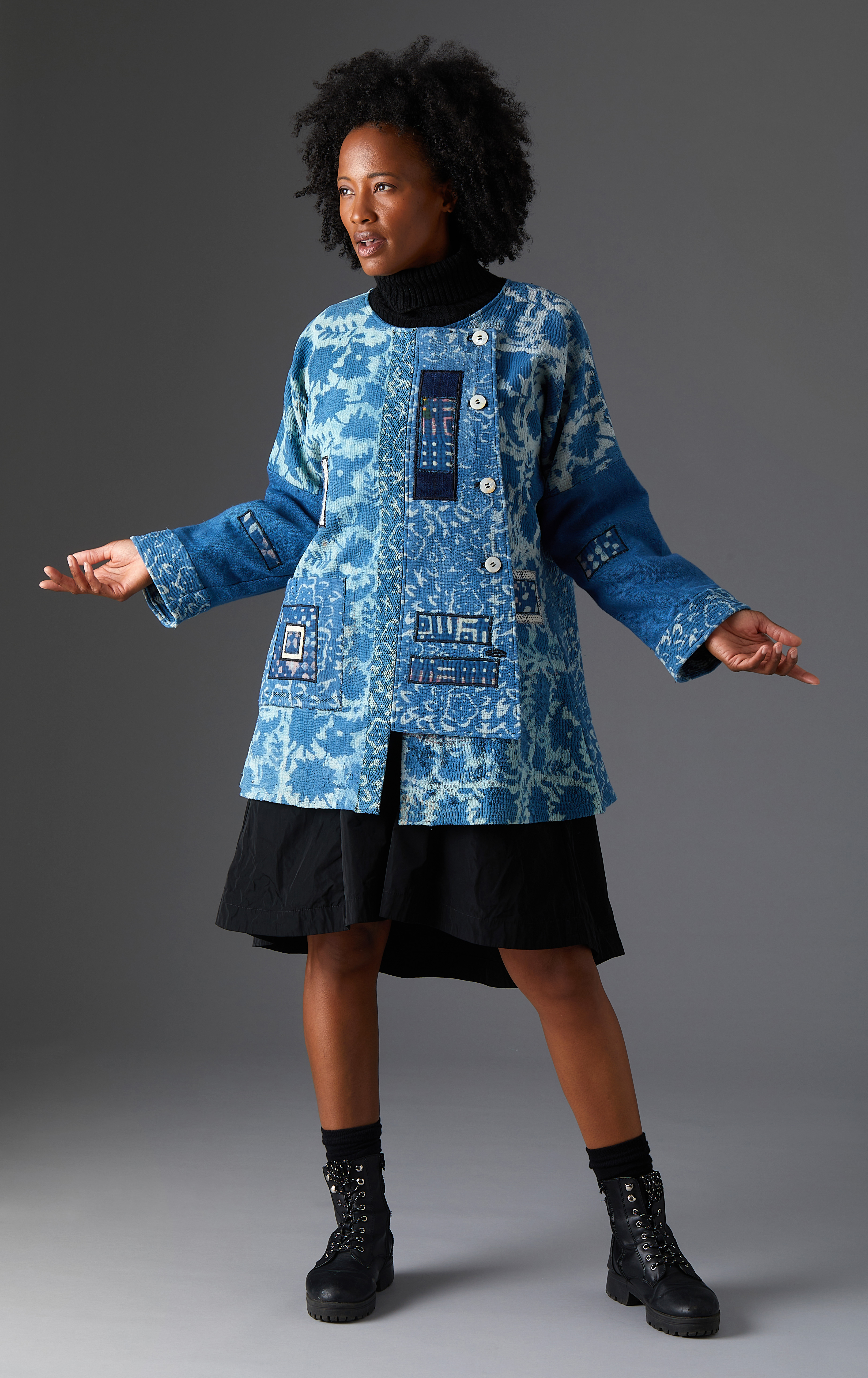 asymmetric blue jacket