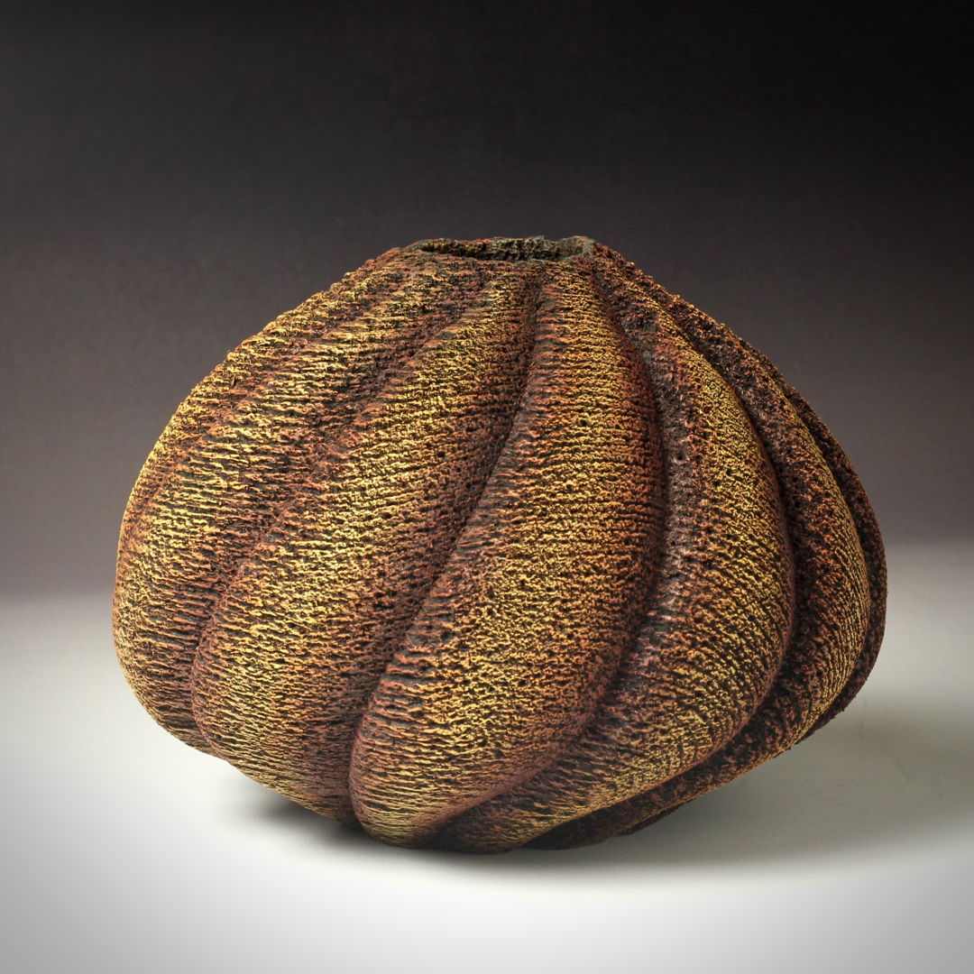 Elm wood hollow form with relief carving  pyrography  and dry brushed acrylics