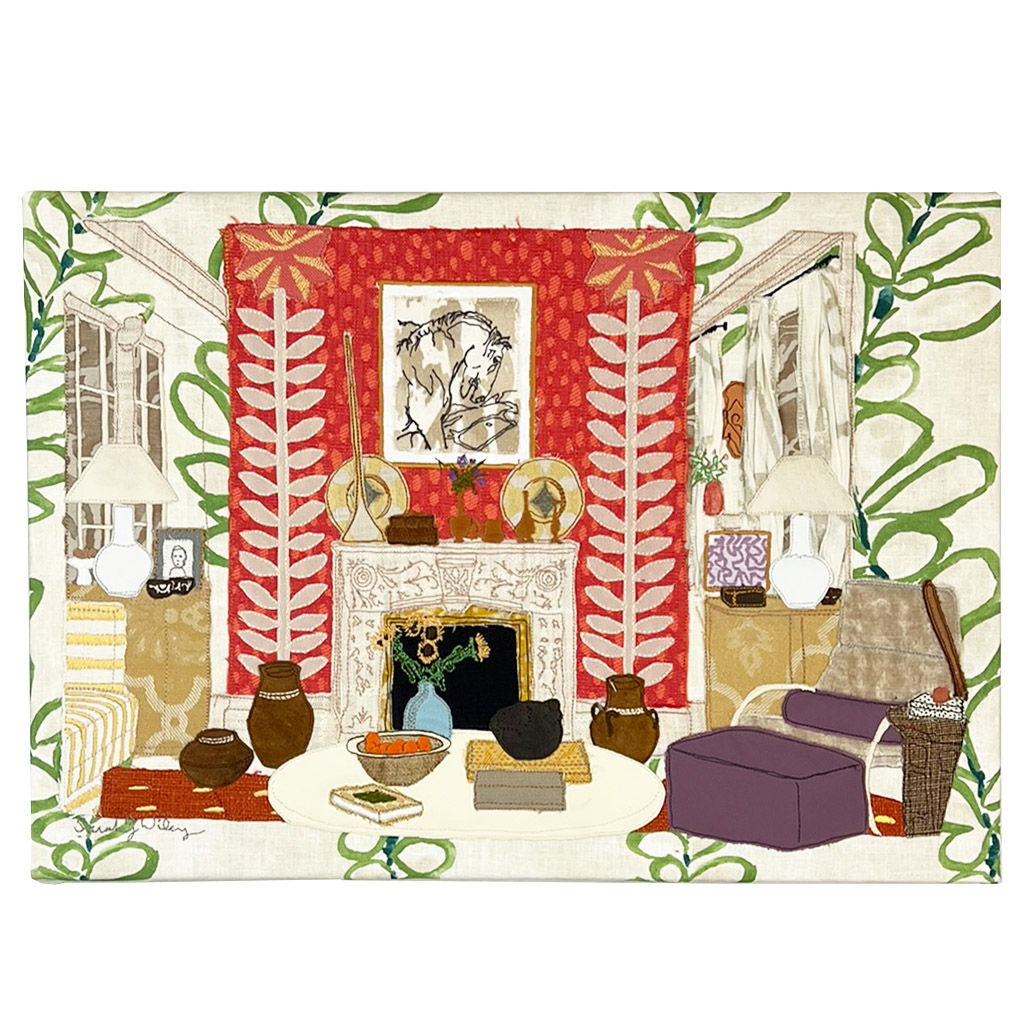 Horse portrait surrounded by "painted" leaves on a vibrant orange fabric panel