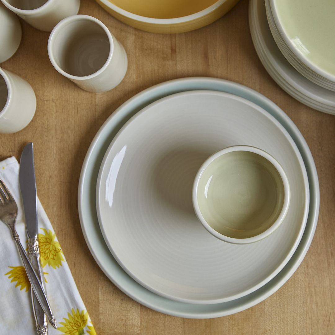 Place setting from a service comprised of items from four of my dinnerware lines. Dimensions and price are for a single dinner plate.
