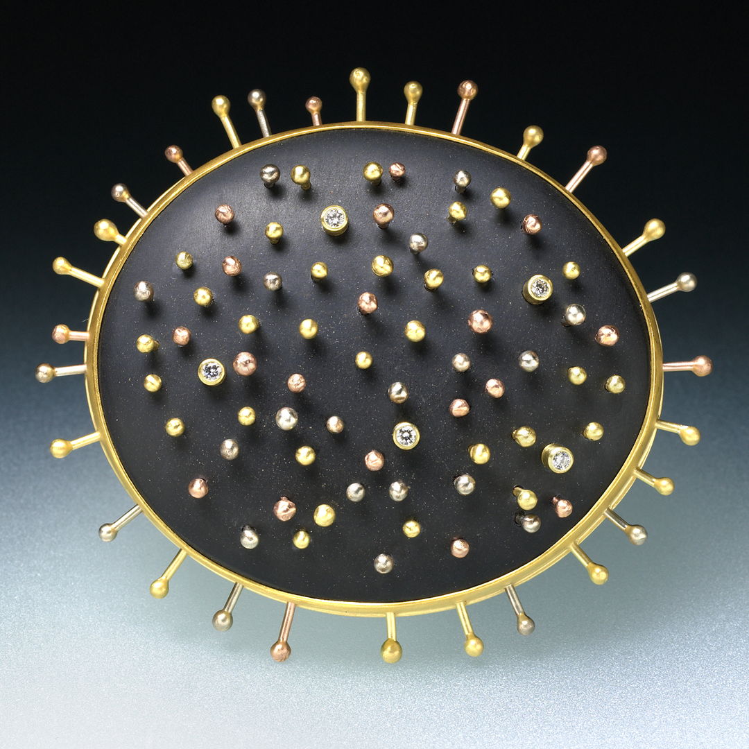 brooch-hand fabricated in colored 18k golds  22k  Russian jet and diamonds.