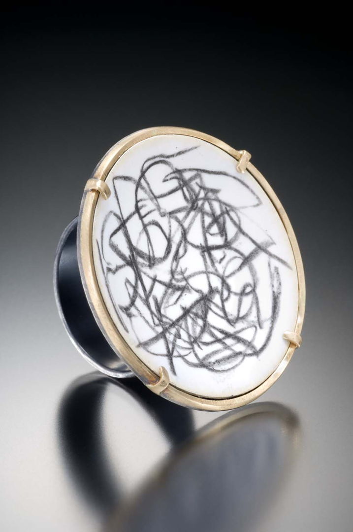 Ring. Hand fabricated. Vitreous enamel  enamel pencil  18K gold  fine silver  oxidized silver. Fabricated.