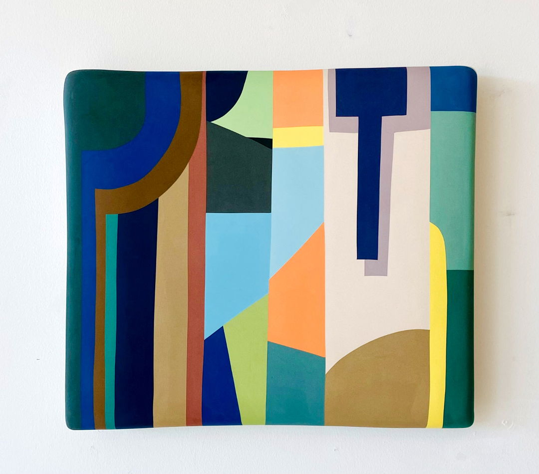 Made from thin slabs of pigmented porcelain fitted together and sanded  backed with white porcelain  cone 7 fired. Surface shows abstract imagery of locations and narratives intimate to me.