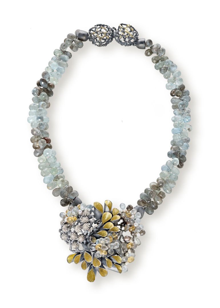 Neckpiece/brooch 18K yellow gold  Sterling Silver  Aquamarine  Citrine  Pearls