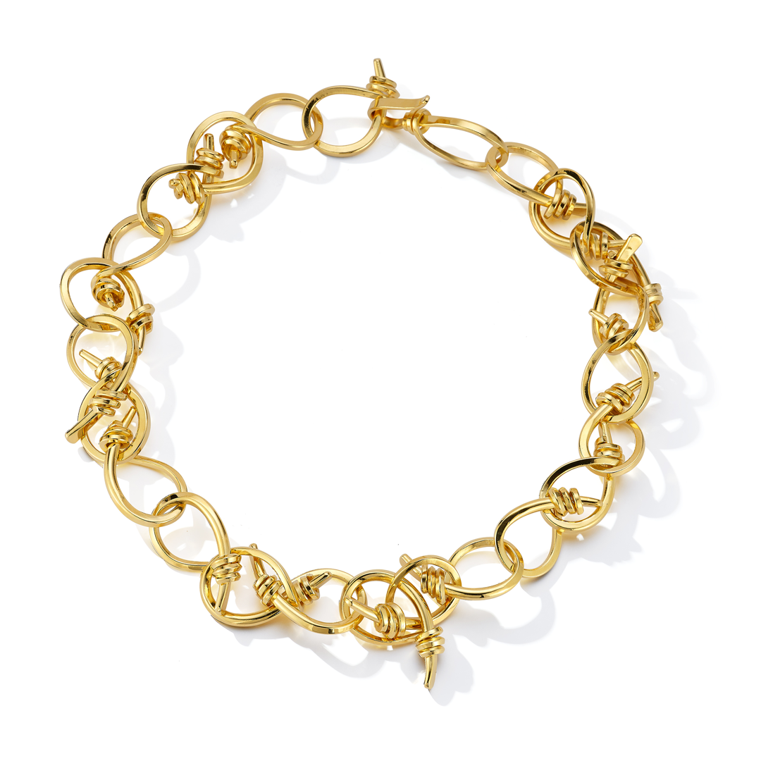 hand fabricated link necklace. Brass with 14k gold plate
