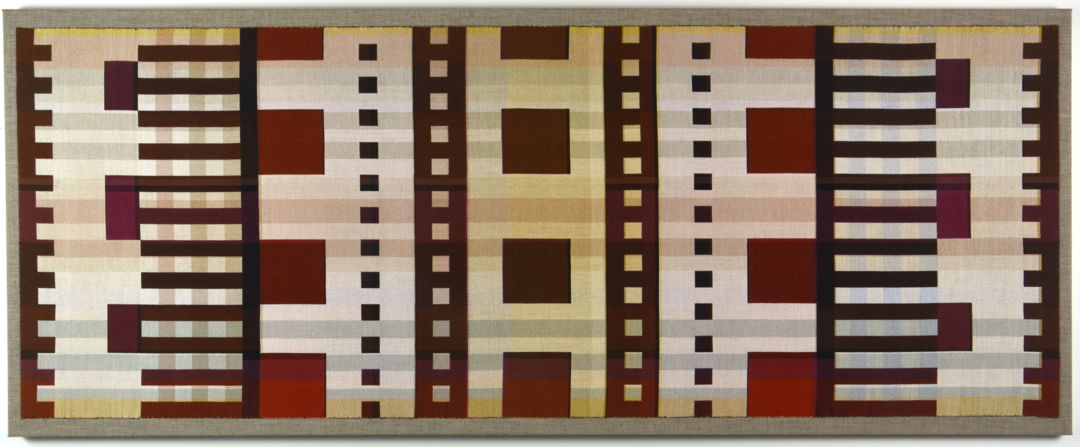 Handwoven of fine cotton thread. Finished cloth is hand sewn to a linen canvas stretched over a wooden frame to hang on the wall.