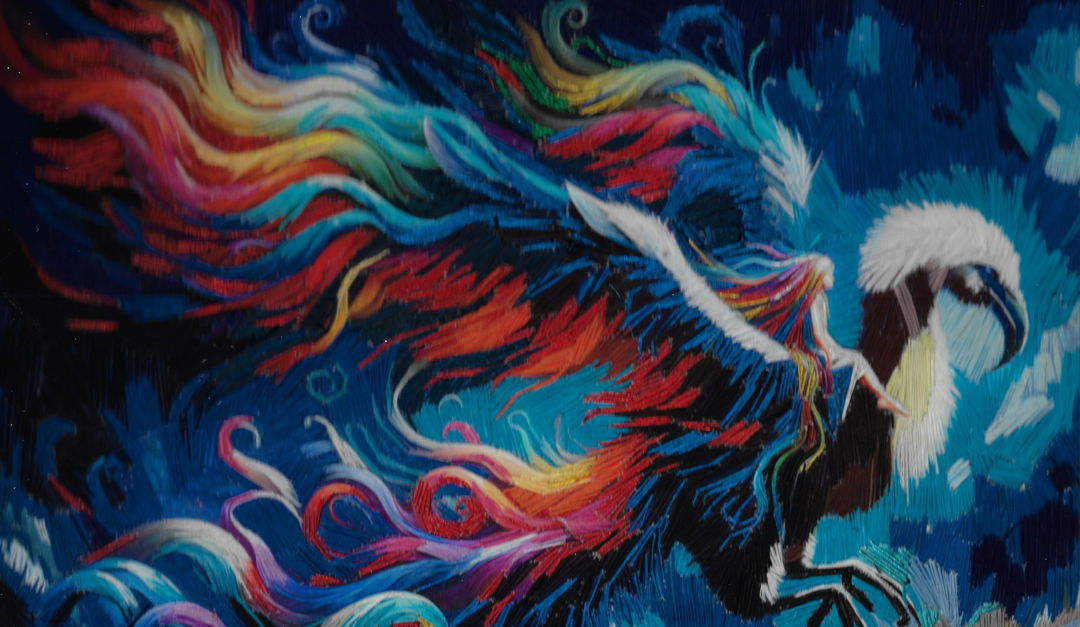 This vivid hand embroidery bursts with energy as a young figure rides a majestic bird through a dreamlike sky. The bird's wings explode in a spectrum of swirling rainbow threads  blending power and grace. Set against a deep  celestial background  the piece captures the thrill of imagination and fearless flight into the unknown.