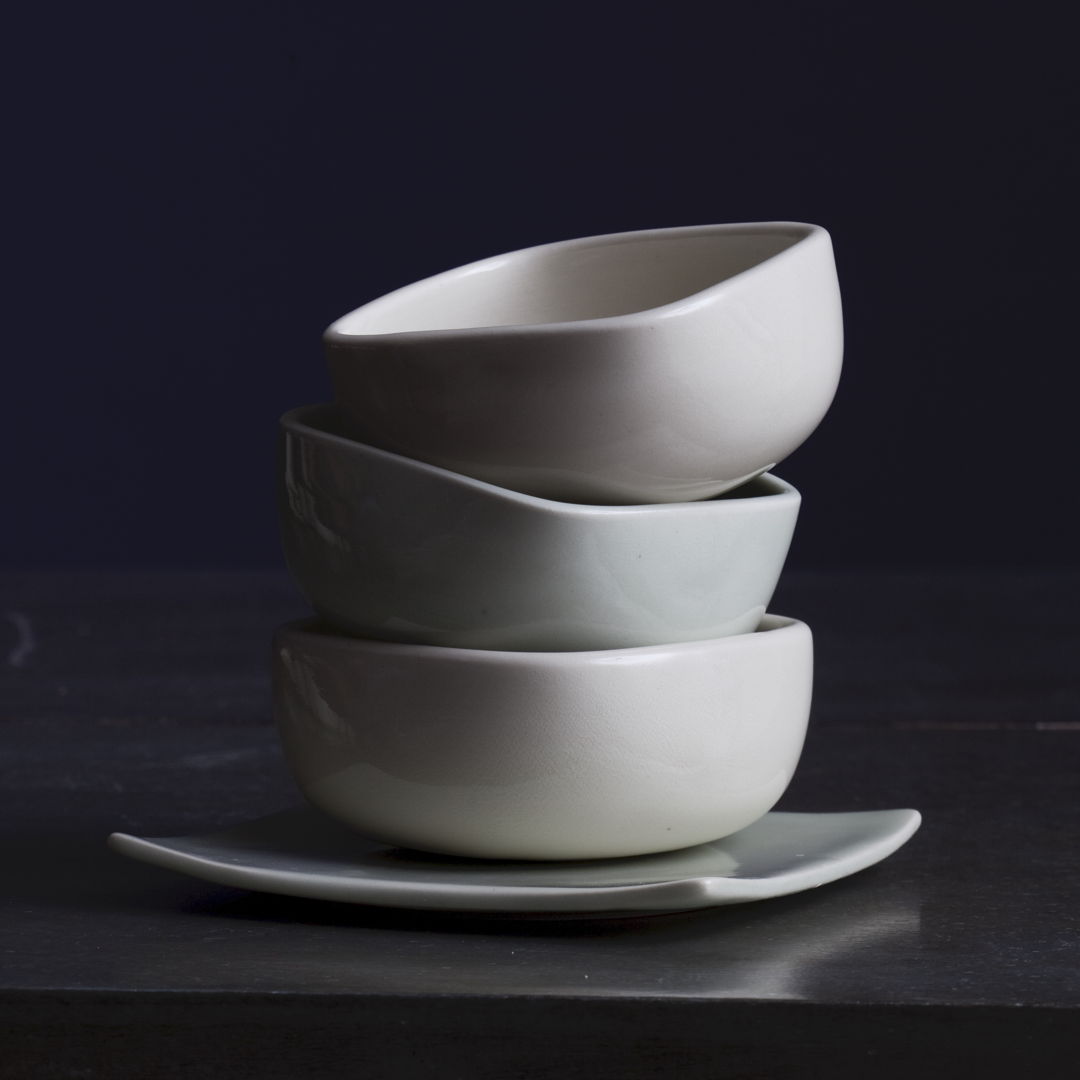 stack of three bowls with subtle rouded square shape
